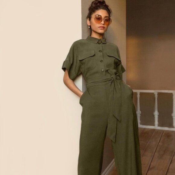 H & M Wide Leg Cargo Jumpsuit in Khaki Green. Size 4 - Picture 4 of 8